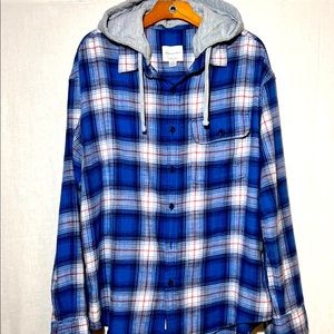 Used Mens Large American Eagle Lightweight Button Up Hoodie Flannel Blue Plaid